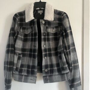 Rubbish Black and Gray Plaid Sherpa Jean Jacket